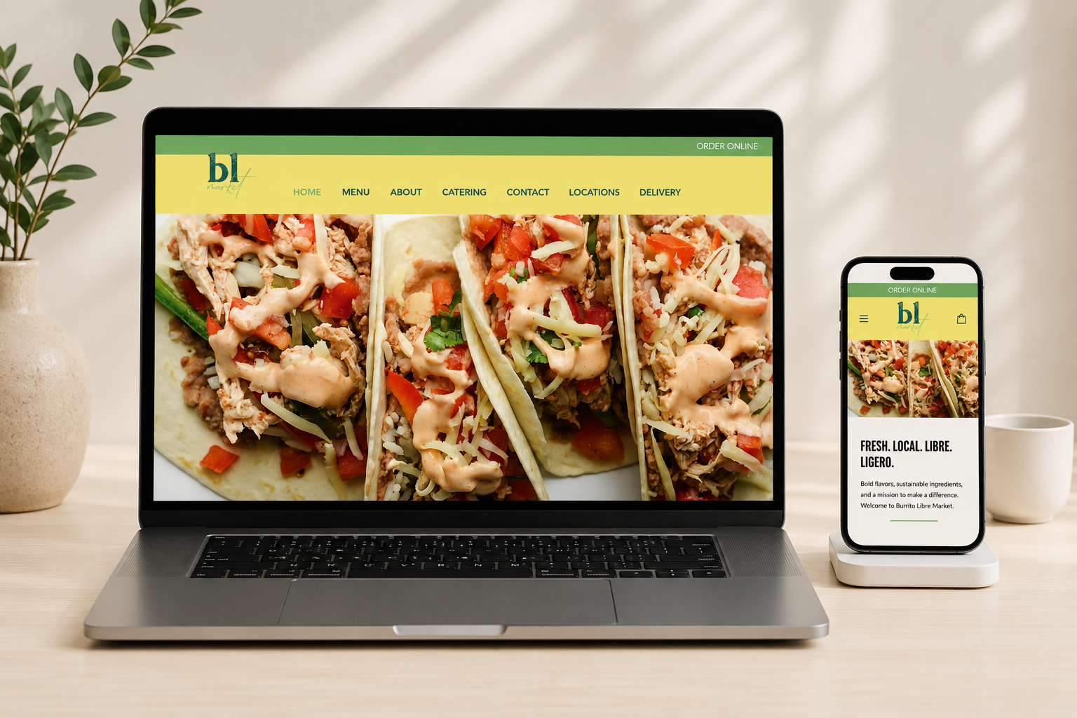 Burrito Libre restaurant website mockup shown on desktop and mobile
