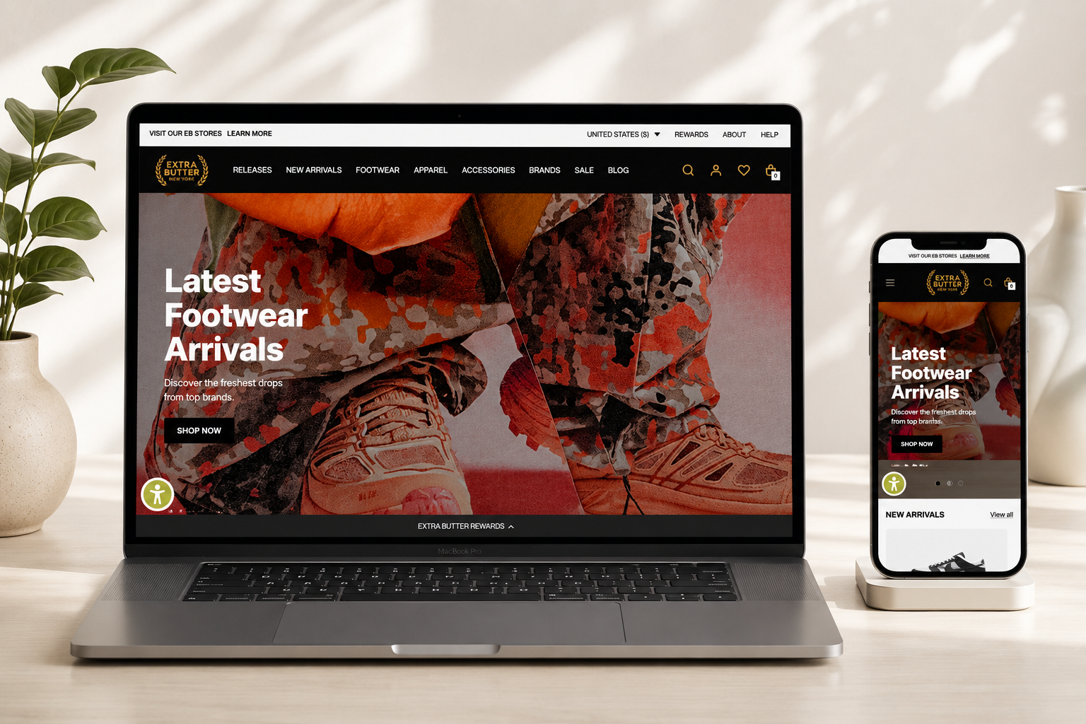 Extra Butter footwear ecommerce website mockup shown on desktop and mobile